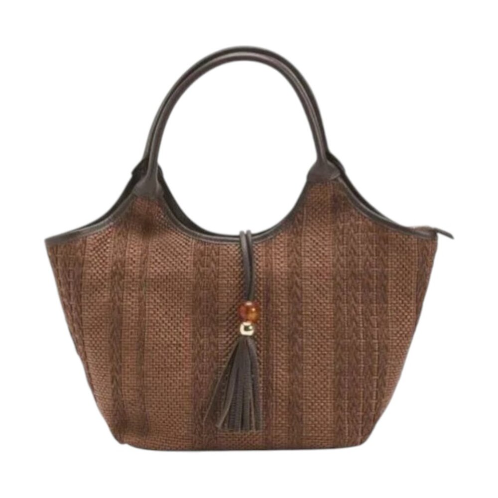 CHEVAL Made In Italy Straw Satchel Bead Flap Leather Tassel